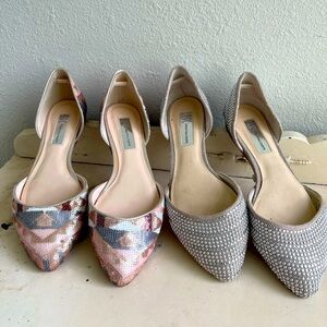 Pastel metallic sequin and Silver stud/linen Pointed-Toe Flats